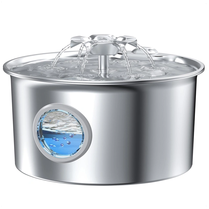 Stainless Steel 88oz Ultra Quiet Cat Fountain, Flower Spout, LED Light & Level Window