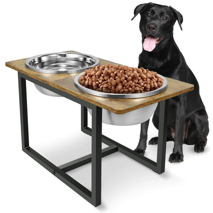 Elevated Dog Bowl Stand with Two X-Large 3.5L Stainless Steel Bowls, Rustic Brown