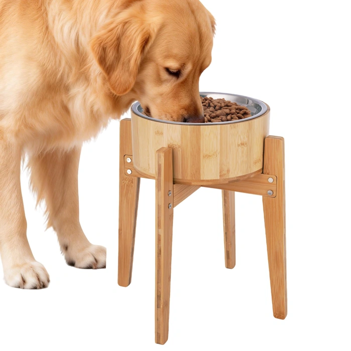 KEVIDEAWL Elevated Dog Bowls with Stainless Steel and Bamboo Dishes