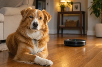 Step-by-step training to help anxious dogs learn to accept robotic vacuums in the home.